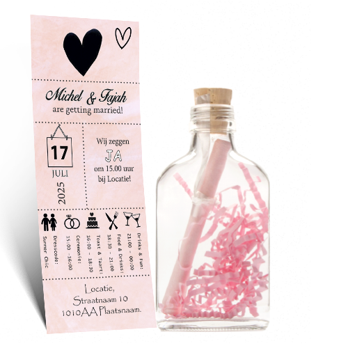 Flessenpost Typografisch | Roze | Unieke trouwkaarten in een fles